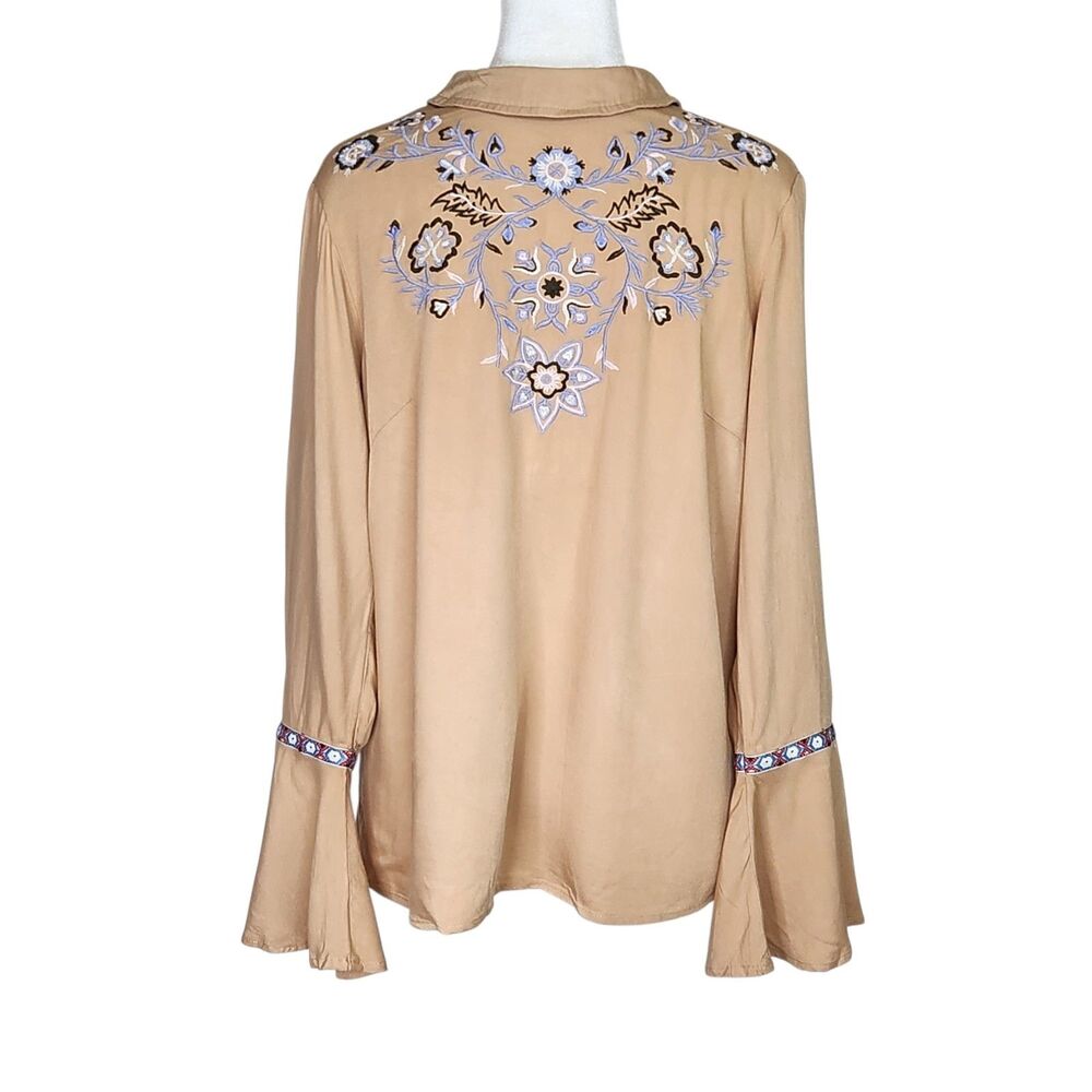 M&S Collection Embroidered Blouse US6/UK10 Bell Sleeve Tan Western Festival Boho